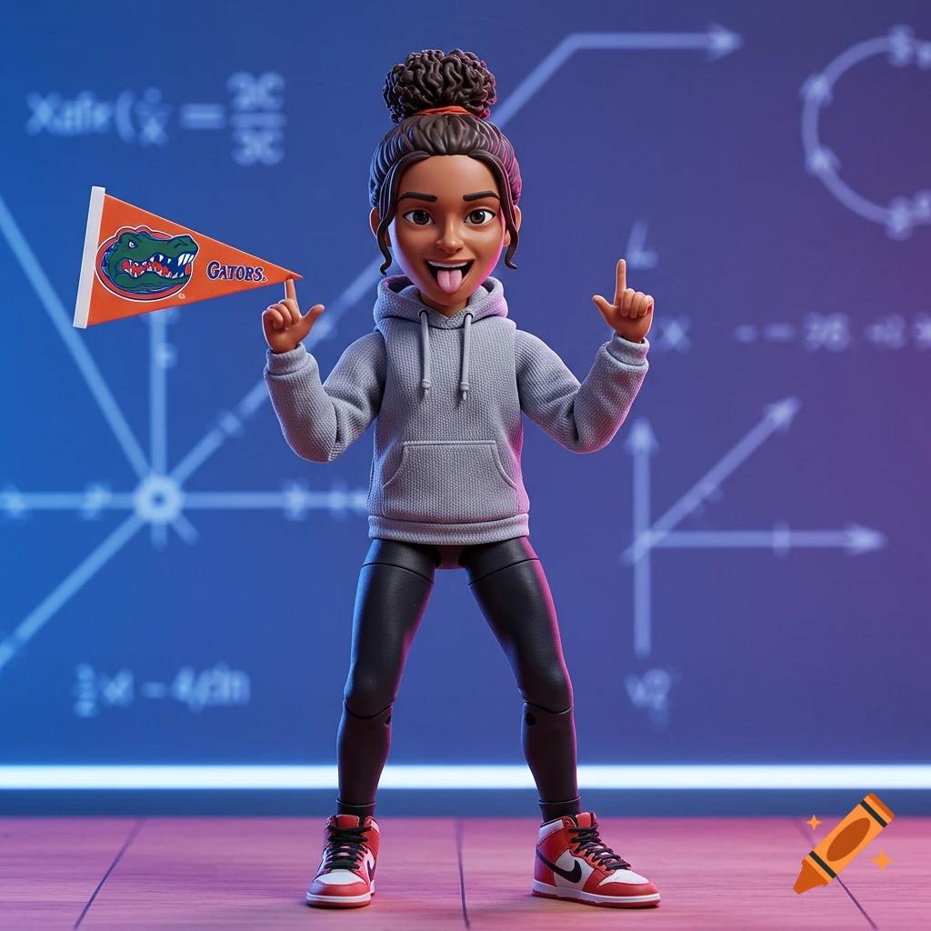 Stylized action figure of a young woman with a bun, gray hoodie, black leggings, and red sneakers, holding a Florida Gators pennant, with math equations in the background.