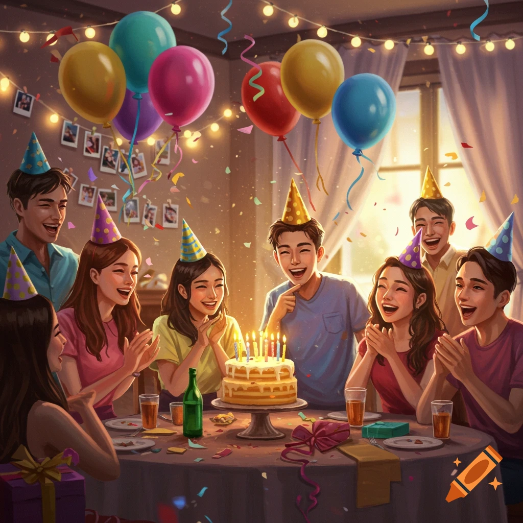 A group of happy young people celebrate a birthday around a cake with candles, wearing party hats, surrounded by balloons and confetti.