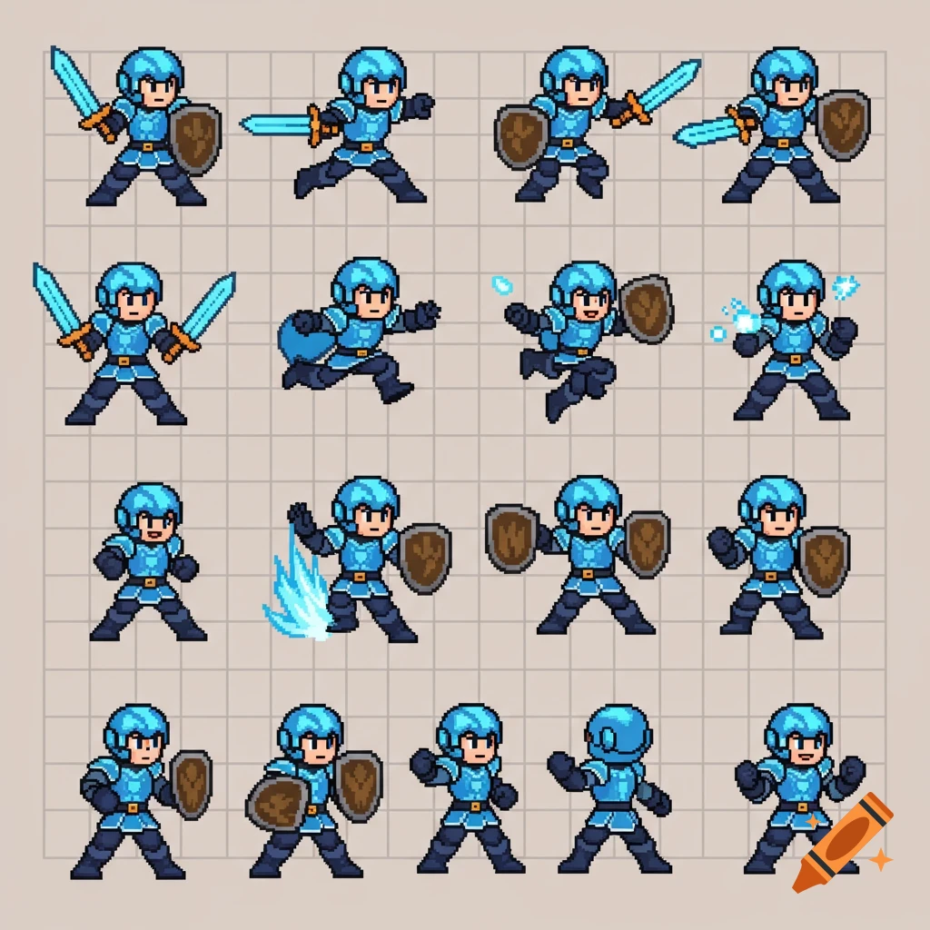 Pixel art sprite sheet of a blue-armored hero character in various action poses with a sword and shield.