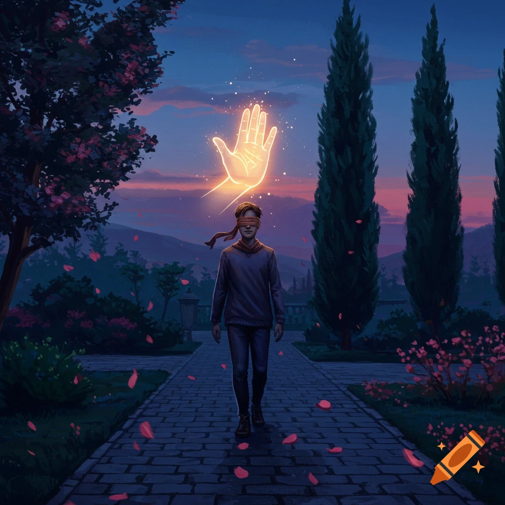 A blindfolded man walks on a stone path through a garden at dusk, guided by a glowing ethereal hand in this digital painting.