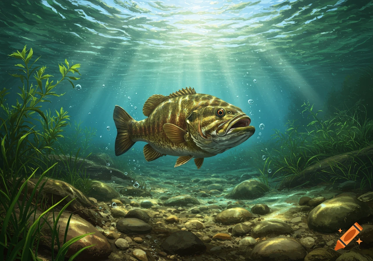 A smallmouth bass swims underwater in a sunlit river, surrounded by green plants and riverbed rocks.