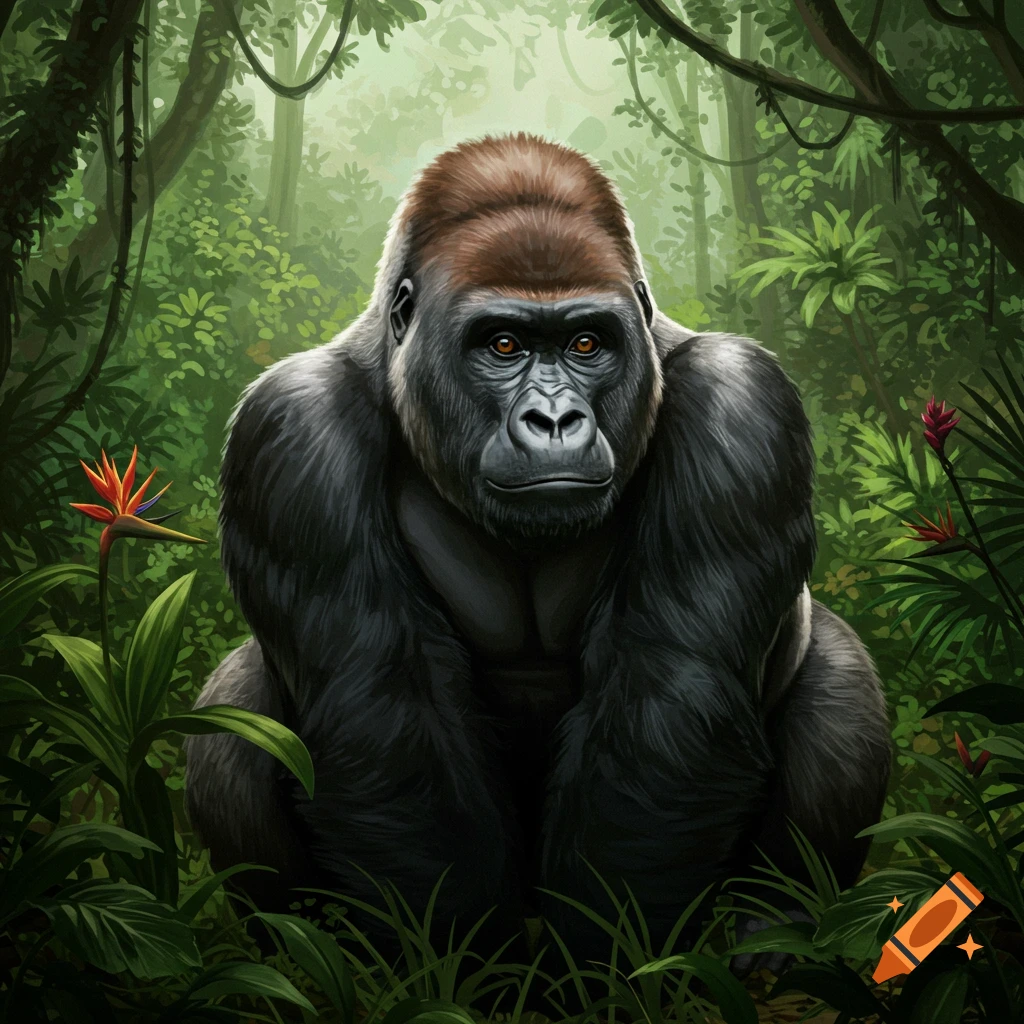 A large, dark gorilla sits amidst lush green jungle foliage, looking directly forward. Digital art.