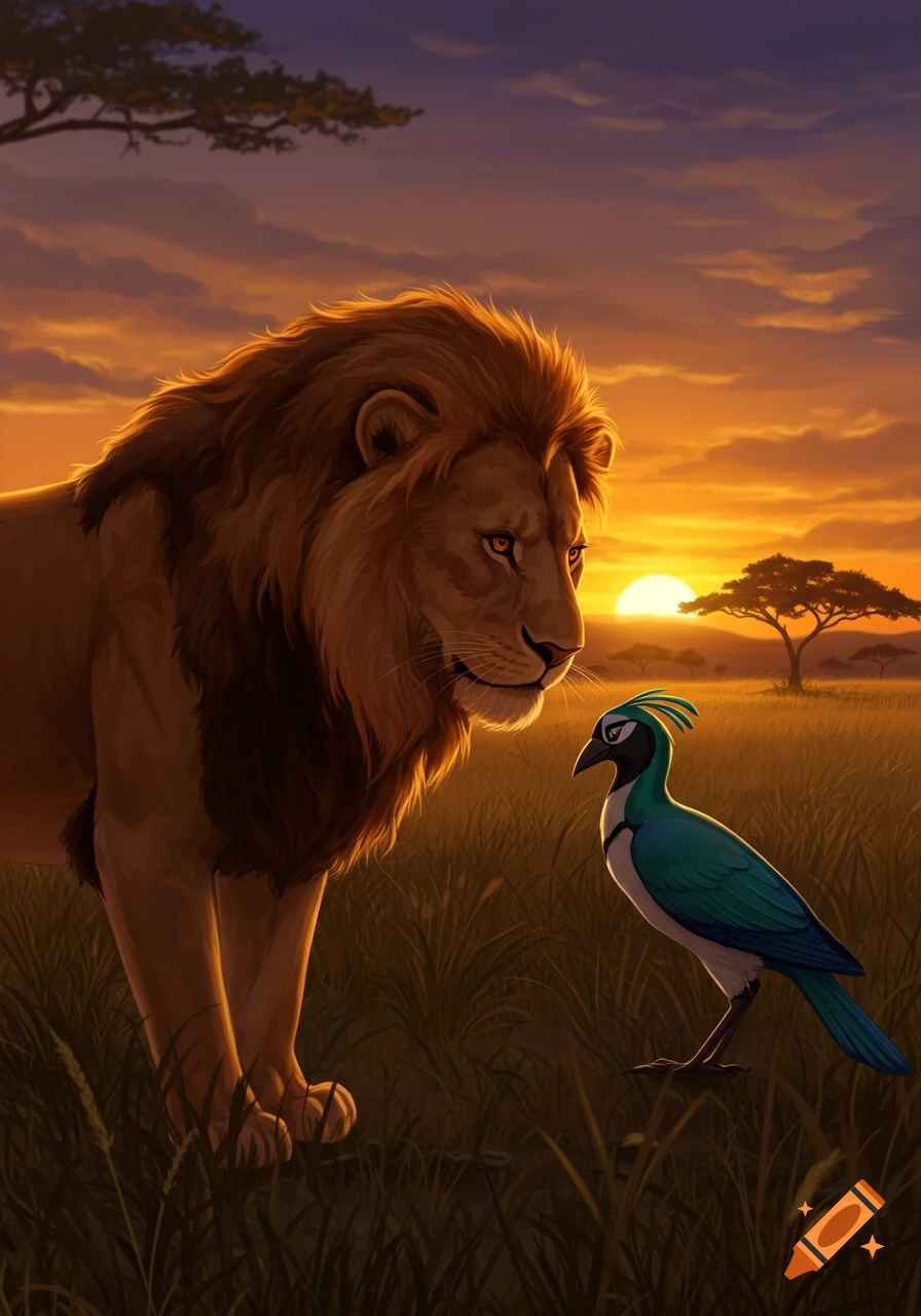 A large lion and a small blue bird face each other in a grassy savanna at sunset, illustrated in a vibrant, stylized manner.