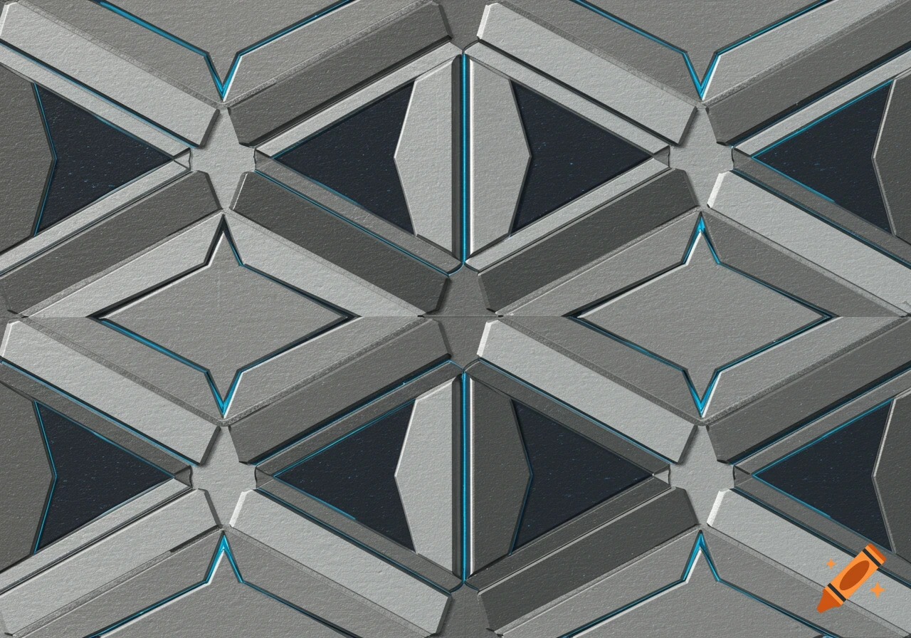 Seamless repeating geometric pattern of metallic gray and silver shapes with glowing blue lines, digital art.
