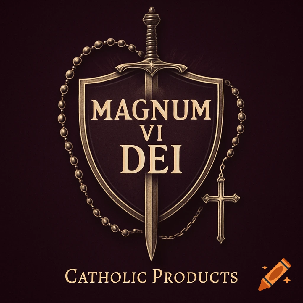 A shield emblem with a sword, rosary, and crucifix, featuring the text 'MAGNUM VI DEI' and 'Catholic Products'.