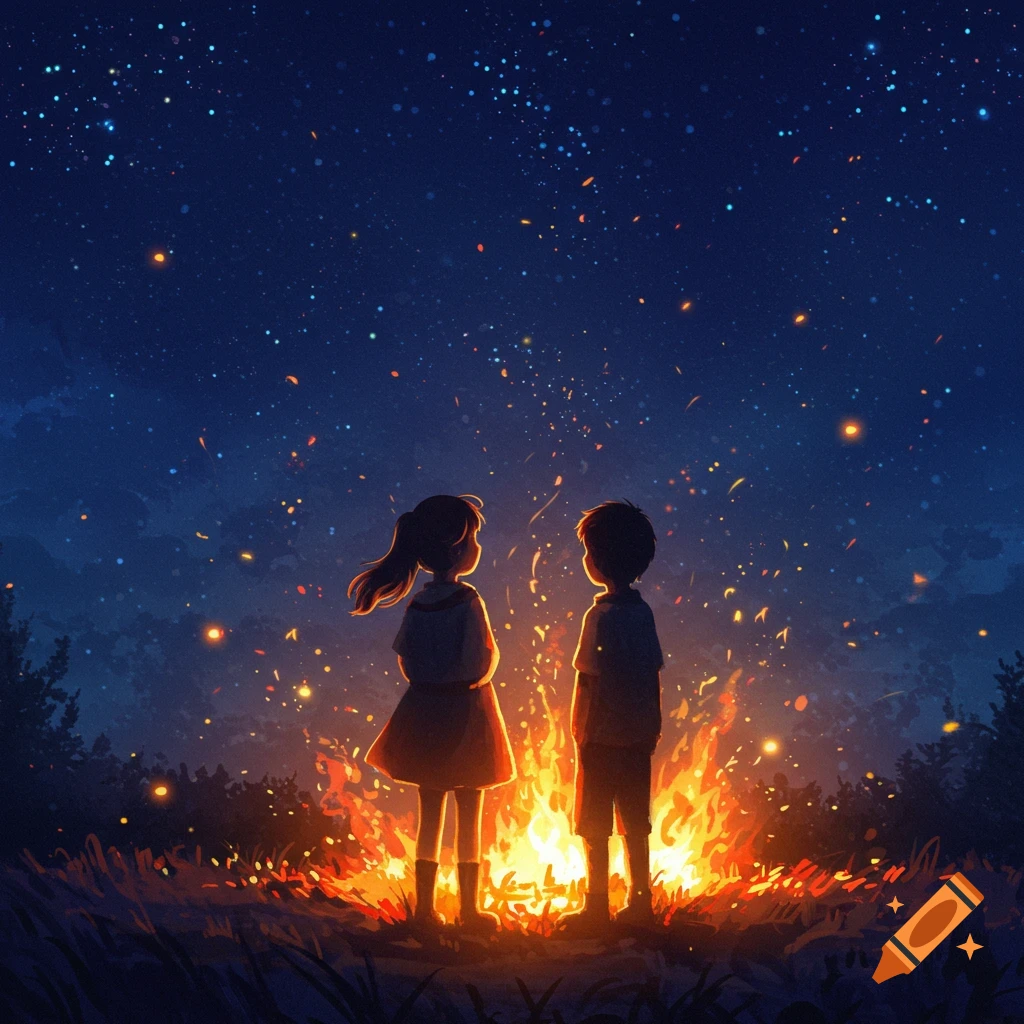 Anime style illustration of two children silhouetted by a campfire under a starry night sky.