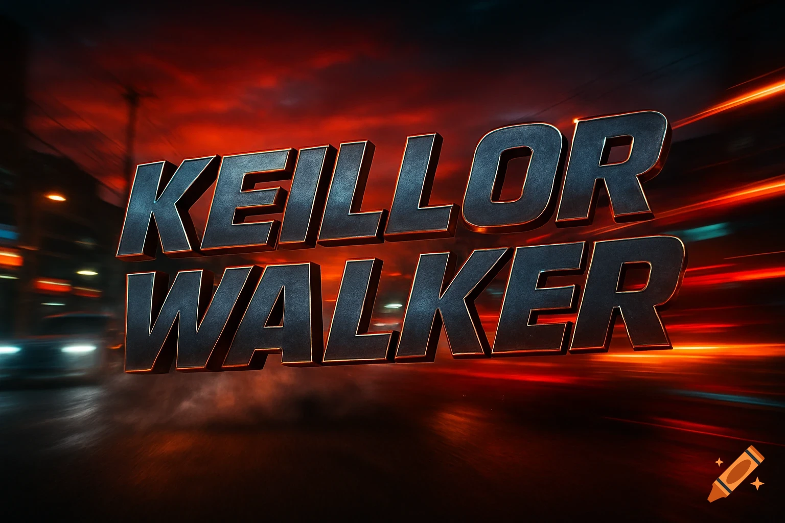 3D metallic text 'KEILLOR WALKER' in Fast & Furious style, with a blurry background of a speeding night street.