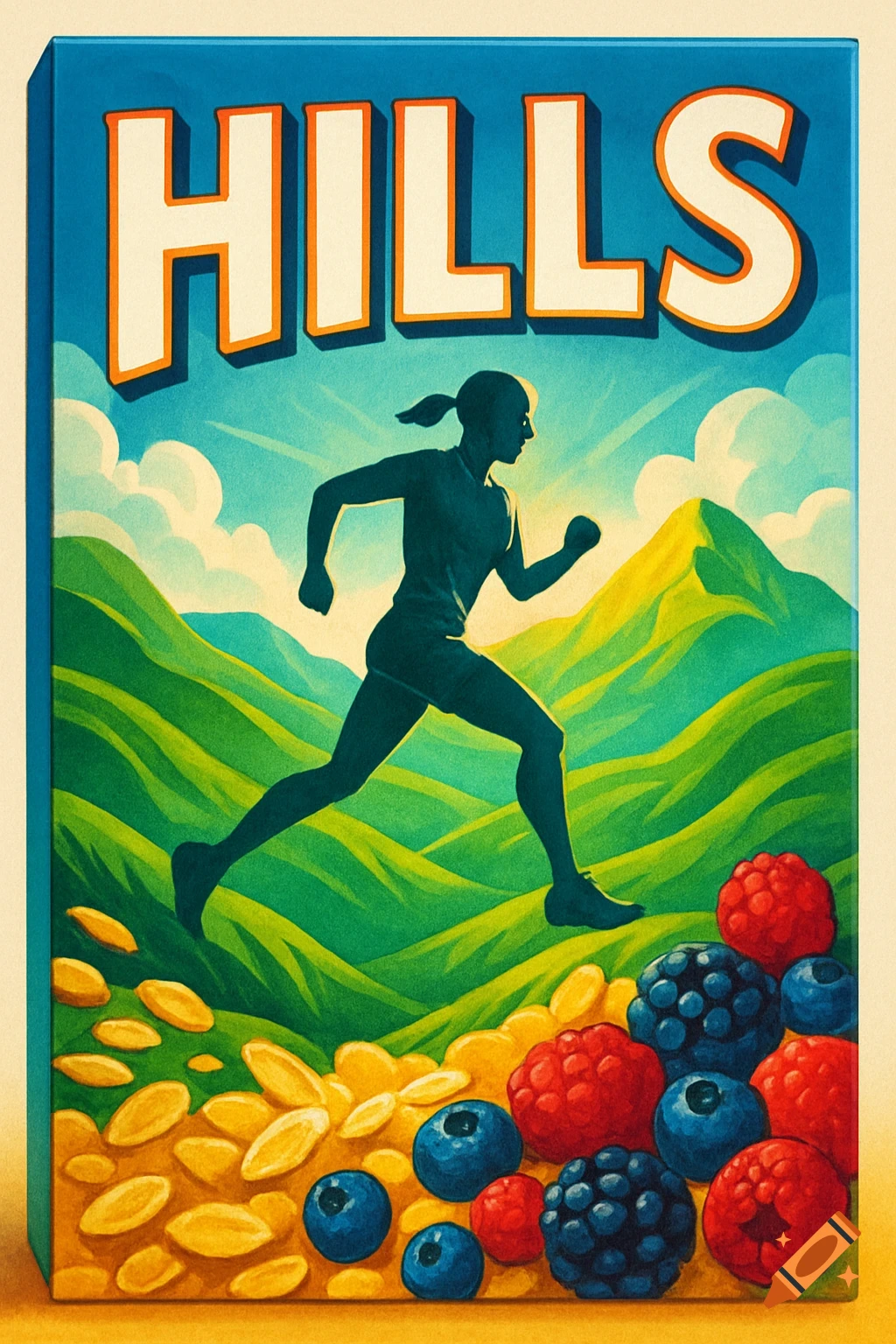 A colorful illustration of a cereal box named "HILLS" featuring a silhouette of a runner over green hills, with oats and berries at the bottom.