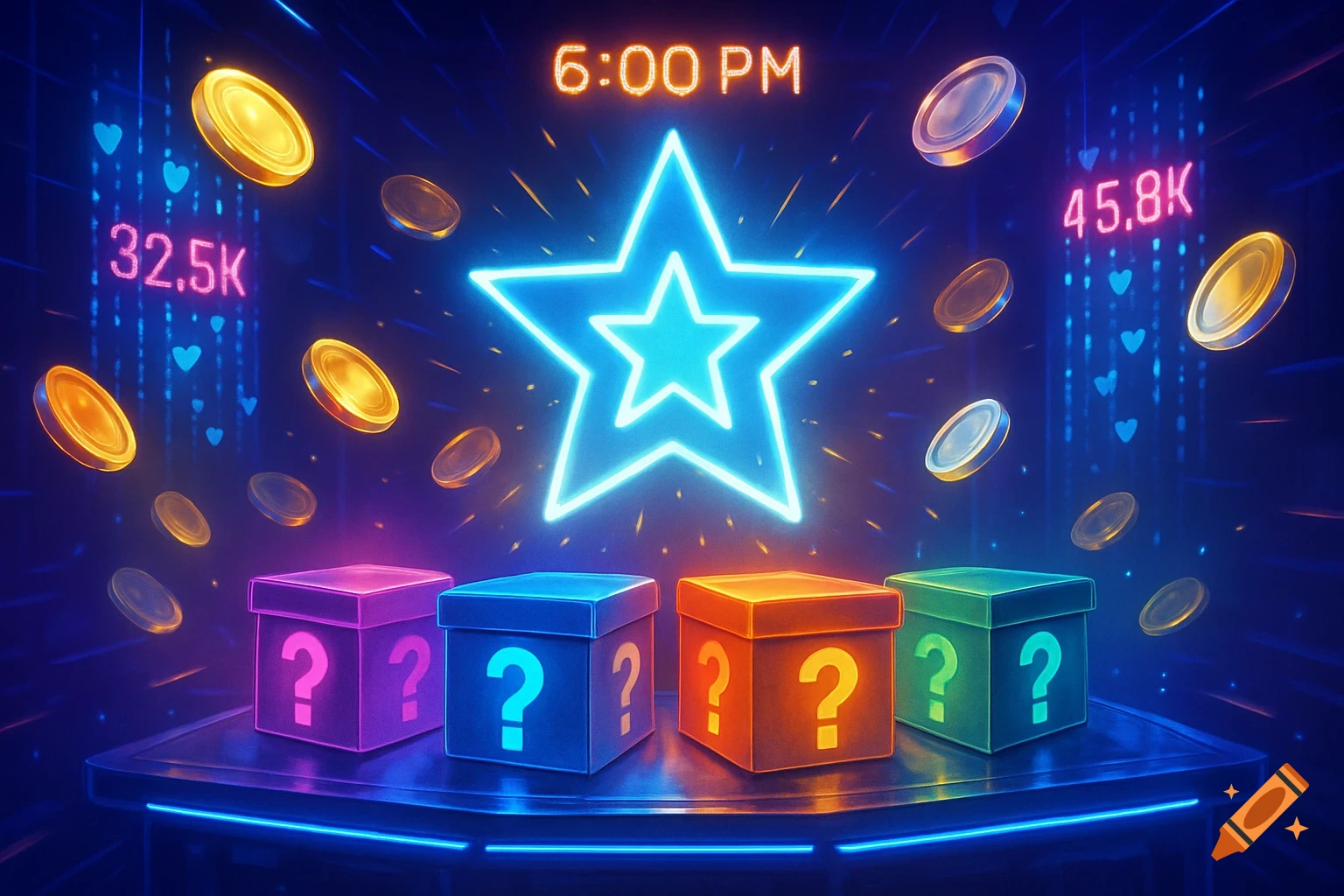 Neon blue star surrounded by floating gold and silver coins, with four colorful mystery boxes with question marks on a glowing stage. Numerical values '6:00 PM', '32.5K', and '45.8K' are visible in the background, along with trails of hearts.