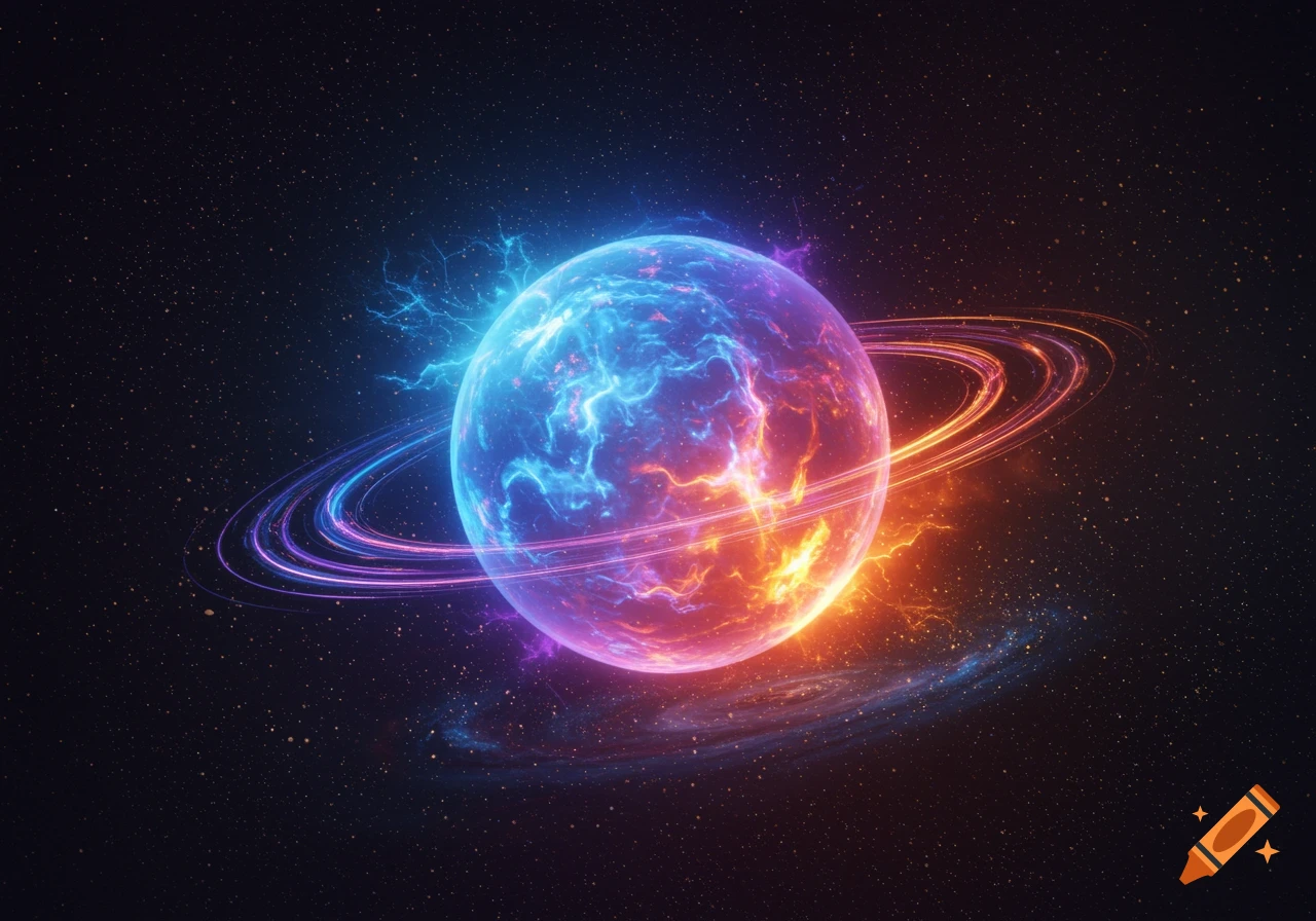 A vibrant, glowing planet-like sphere in space with blue and orange energy and glowing rings.
