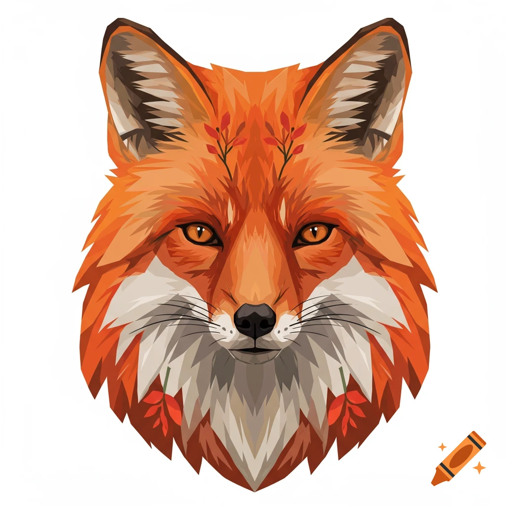 A stylized symmetrical illustration of a red fox's face with orange and white fur and subtle reddish plant elements on its forehead and below its mouth.