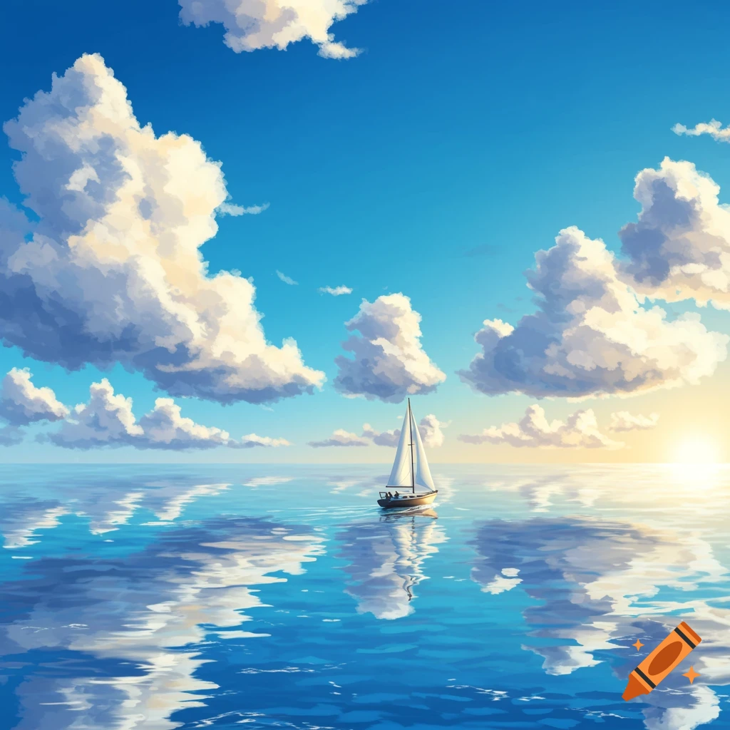 A digitally painted sailboat on calm blue water reflecting clouds under a bright sky with fluffy clouds and a setting sun.
