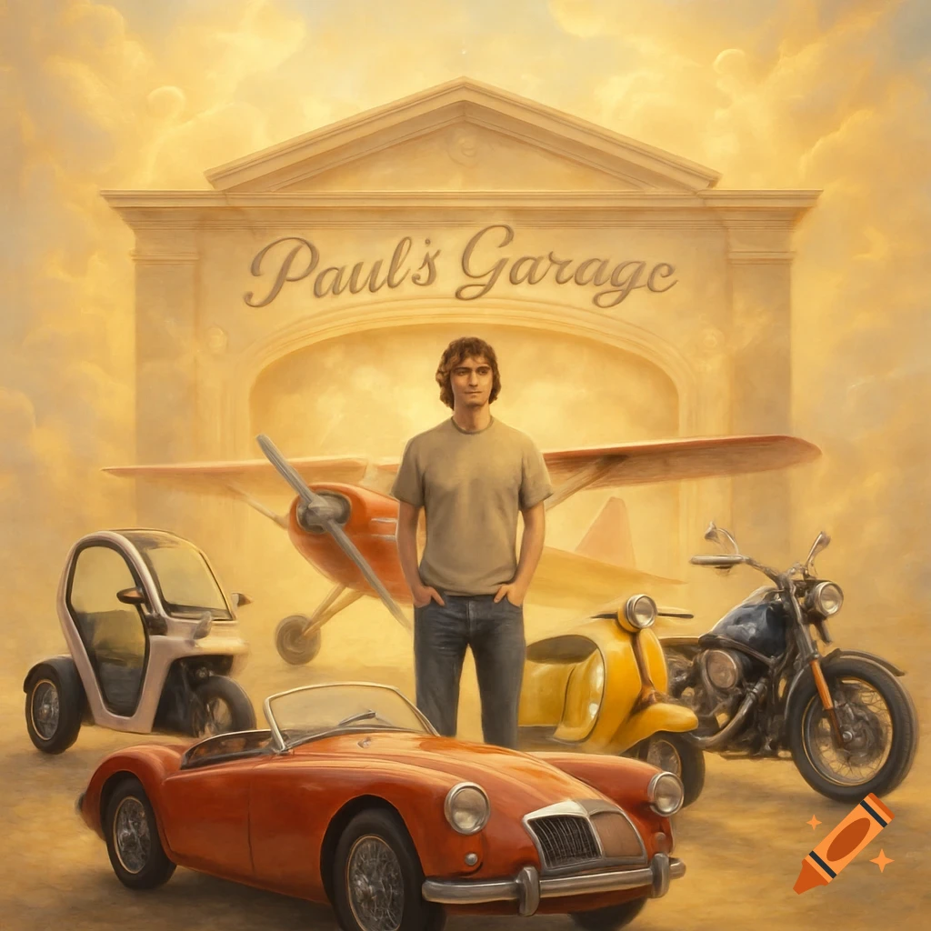 Man stands in a golden, dreamlike setting in front of 'Paul's Garage' sign, surrounded by an airplane, car, motorcycle, and scooter.