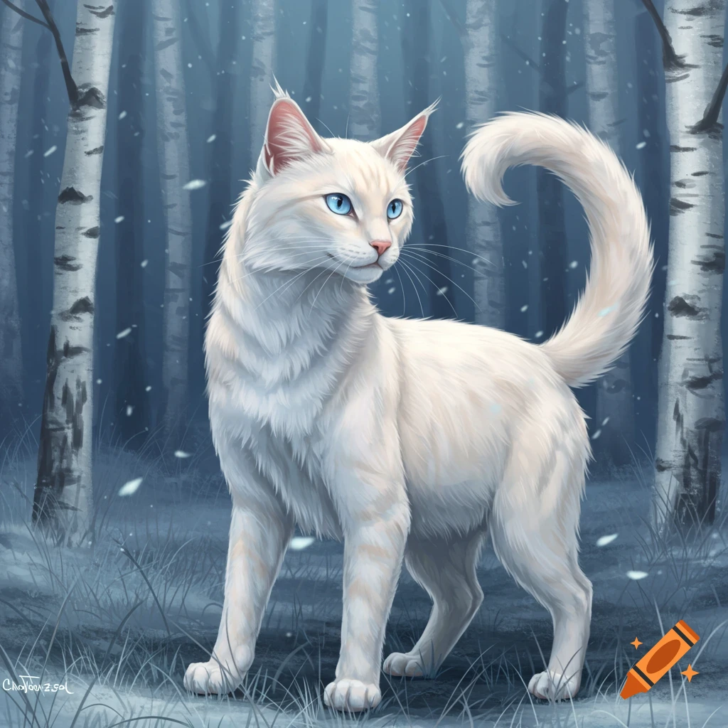 A fluffy white cat with bright blue eyes stands in a snowy birch forest, looking right. Digital illustration.