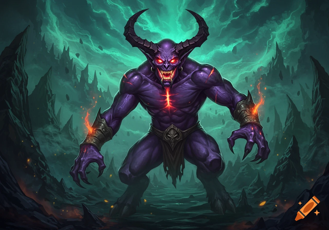 A purple-skinned demon with glowing red eyes and large horns stands menacingly in a dark, rocky, green-hued landscape.