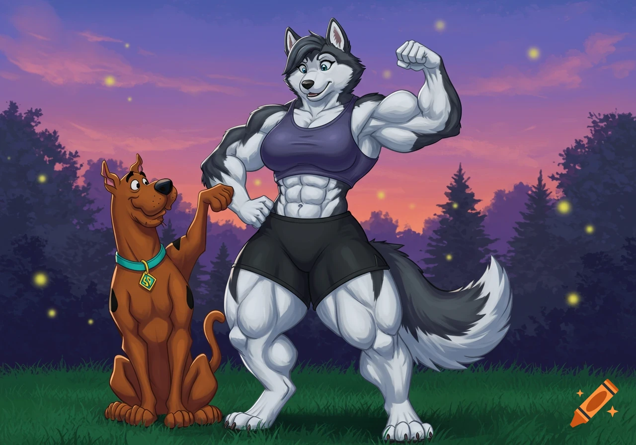 A muscular female husky in a sports bra flexes her bicep, as Scooby Doo with an 'SD' collar admires her in a forest at dusk.