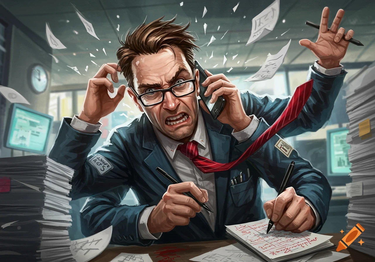 A highly stressed man with multiple arms juggling a phone call, writing notes, and dealing with flying papers in a chaotic office.