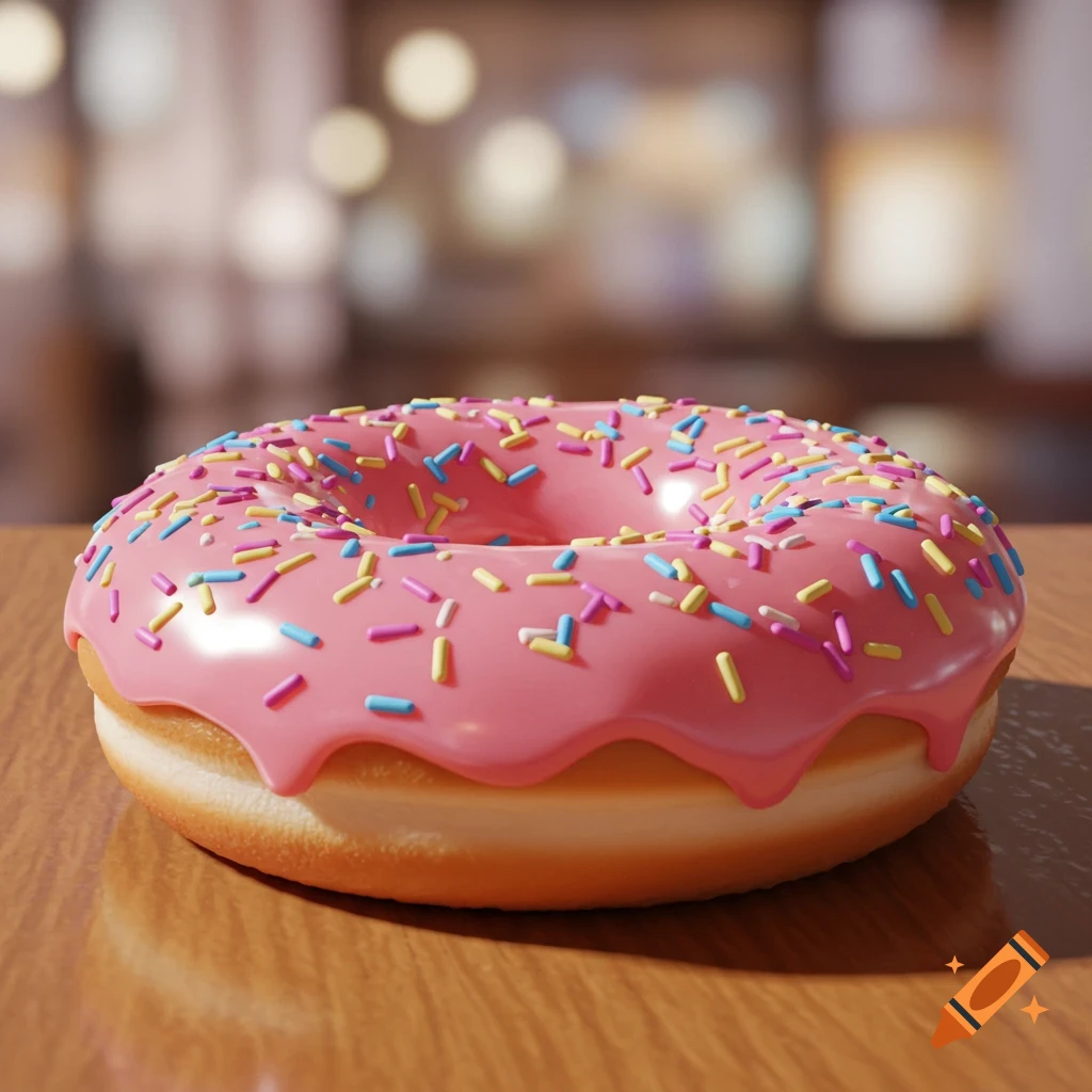 A photorealistic image of a strawberry donut with pink frosting and colorful sprinkles on a wooden table with a blurred background.