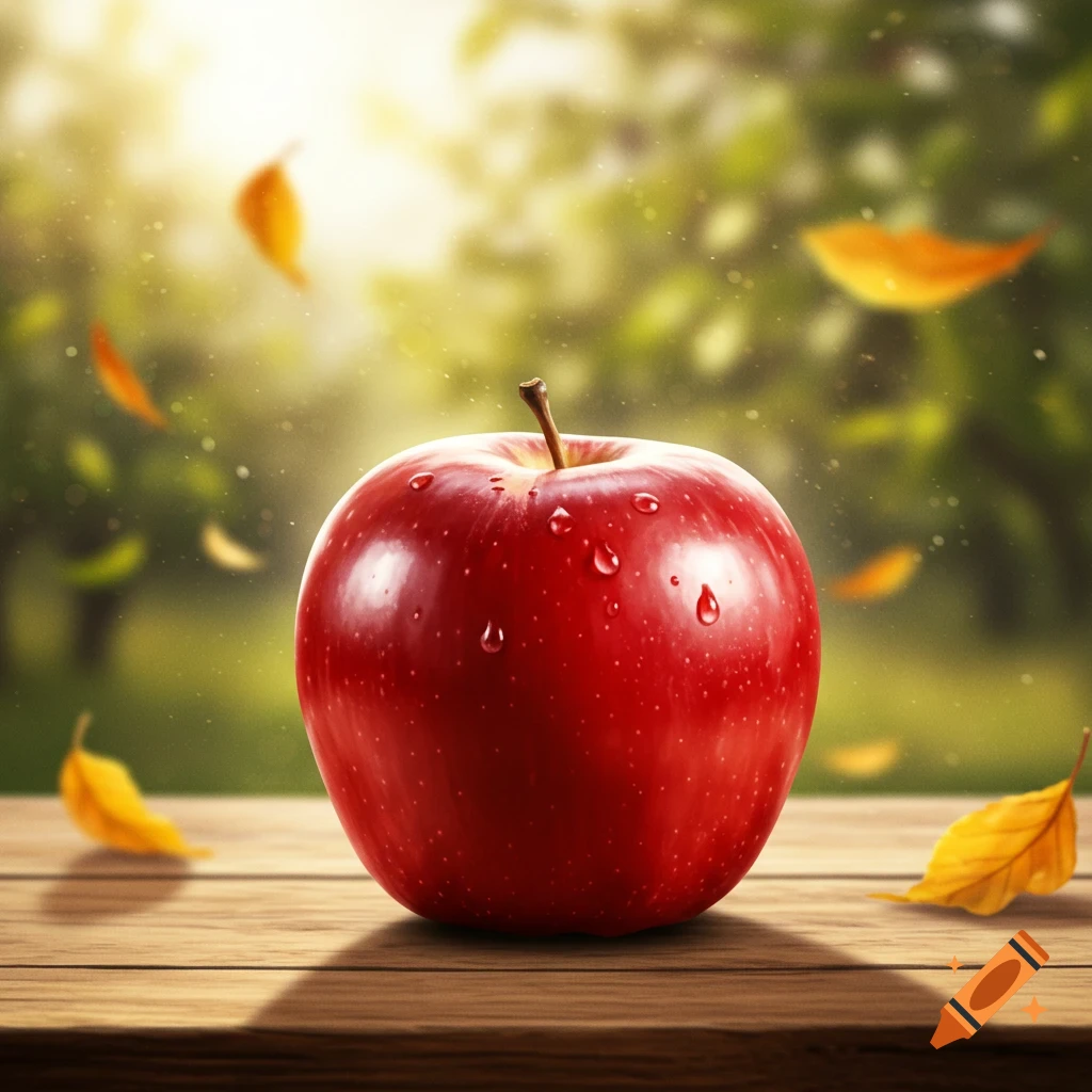 A photorealistic image of a red apple with water droplets on a wooden table, with falling yellow leaves and a blurry green background.