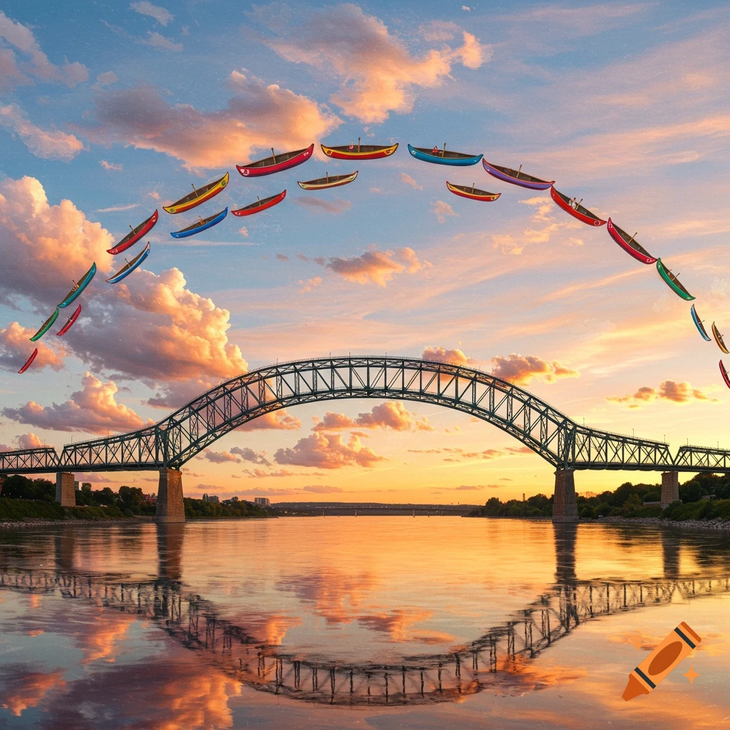 A large arched bridge spans a reflective river at sunset, with colorful canoes flying in an arc across the vibrant sky.