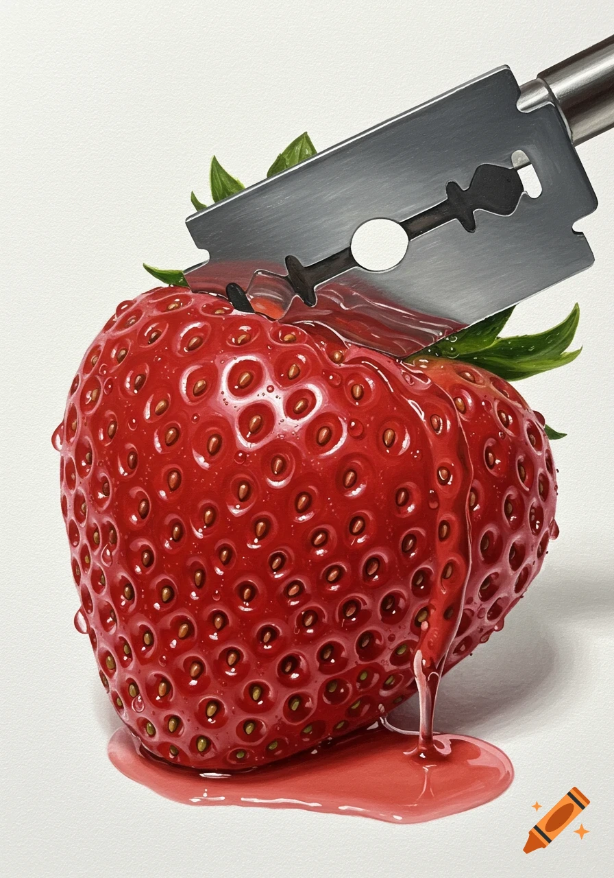 A hyperrealistic painting of a red strawberry with water droplets, being cut by a razor blade, causing red juice to drip onto a white surface.