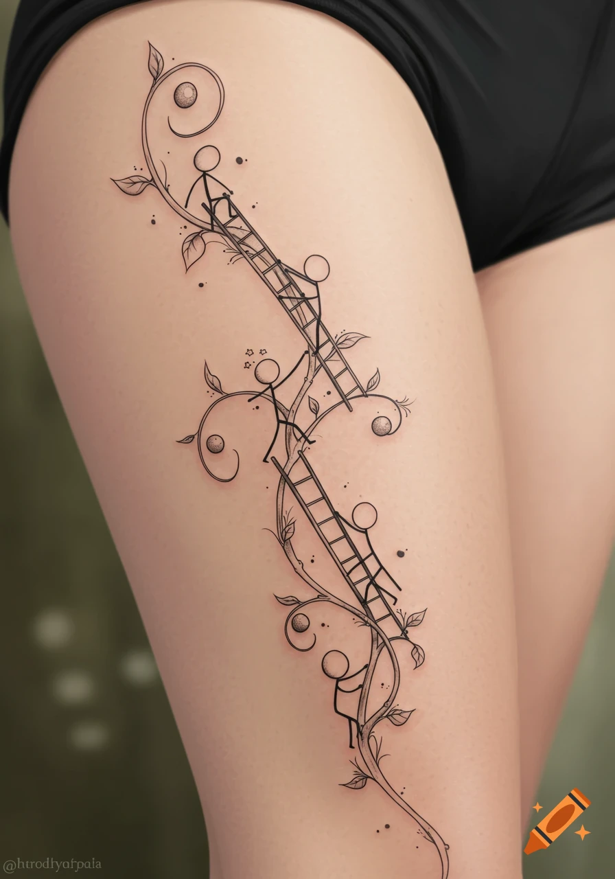 A black line art tattoo on an upper thigh, showing stick figures climbing ladders and vines.