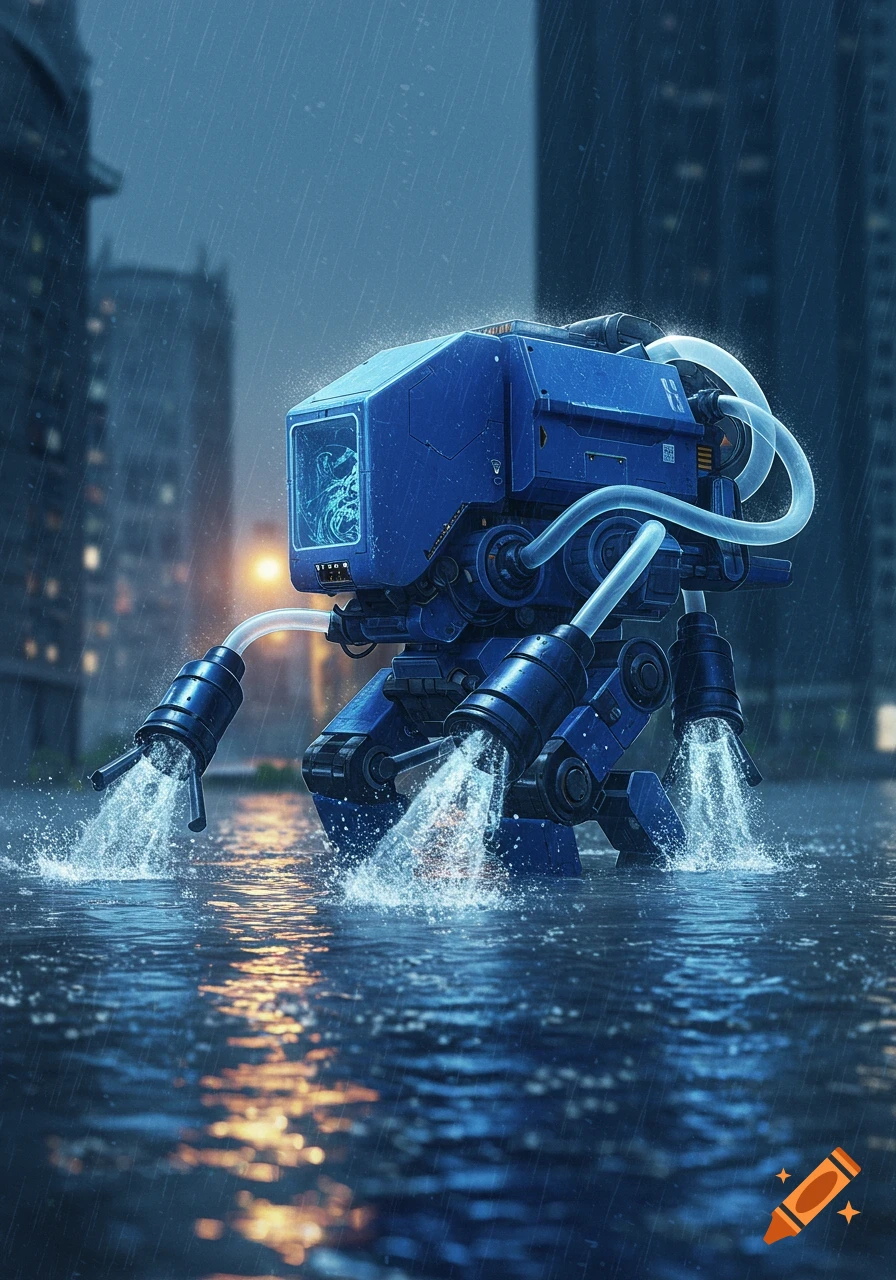 A blue rectangular robot with hydro vacuums for hands and a large water-filled tube on its back, driving through a flooded city street in the rain.
