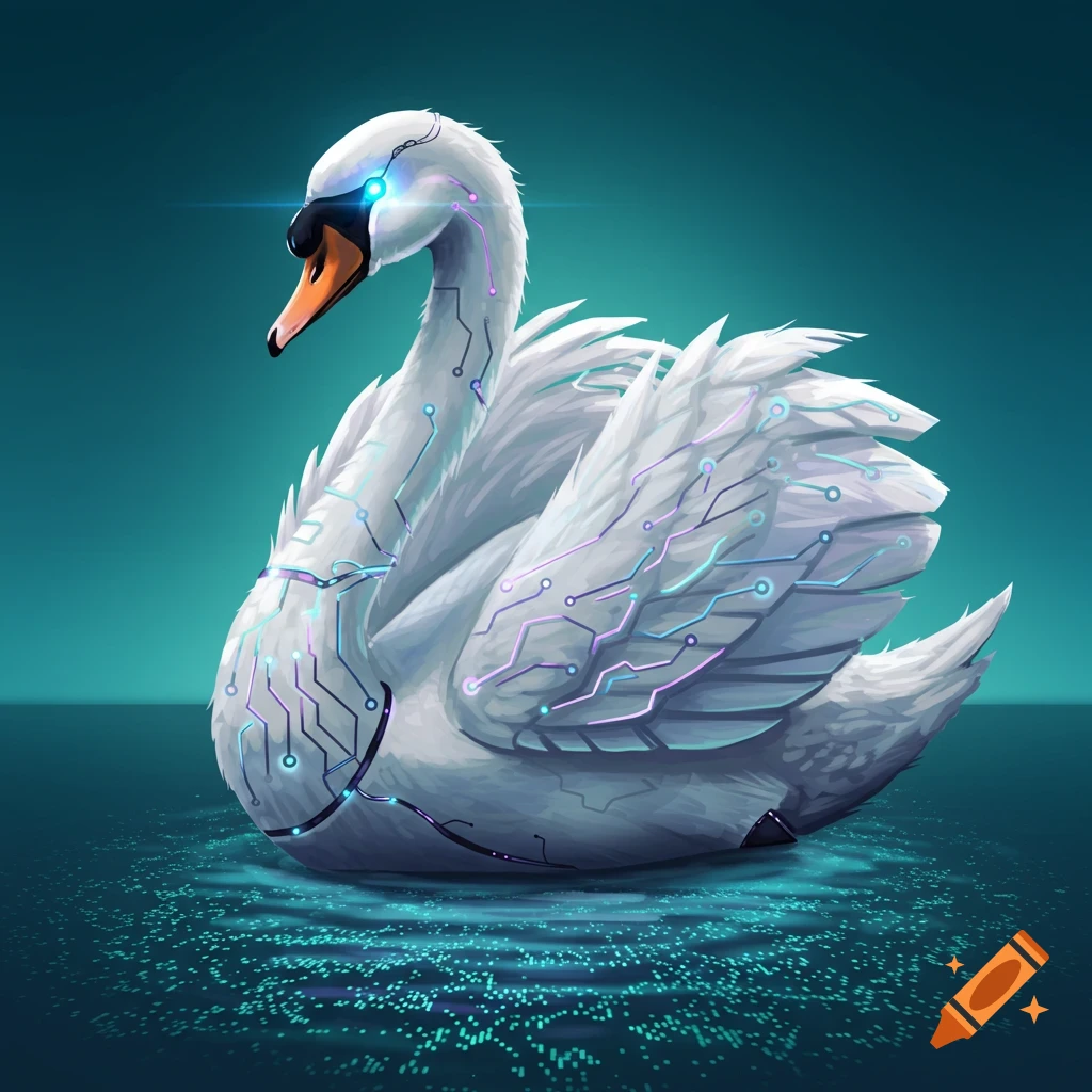 A futuristic white swan with glowing blue and purple circuit patterns floats on water with a blue pixel ripple effect.