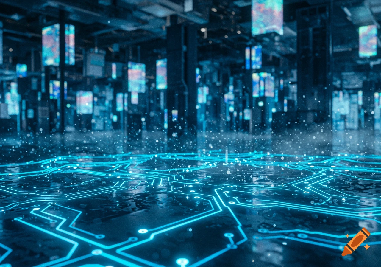 A dark, futuristic landscape with glowing blue circuit board patterns on the ground and illuminated rectangular structures in the background, creating a high-tech, digital aesthetic.