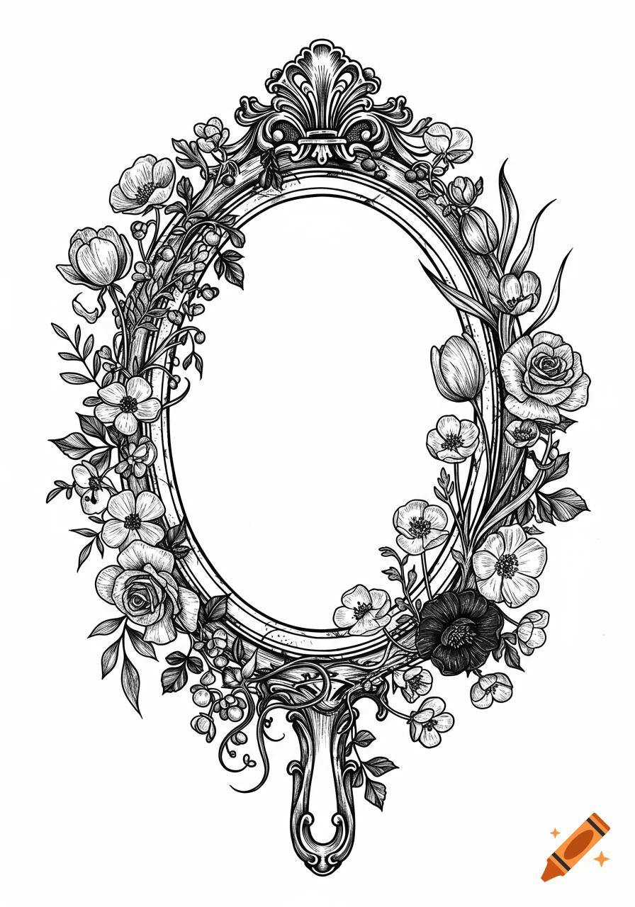 Black and white line drawing of an ornate oval frame surrounded by various flowers and vines.