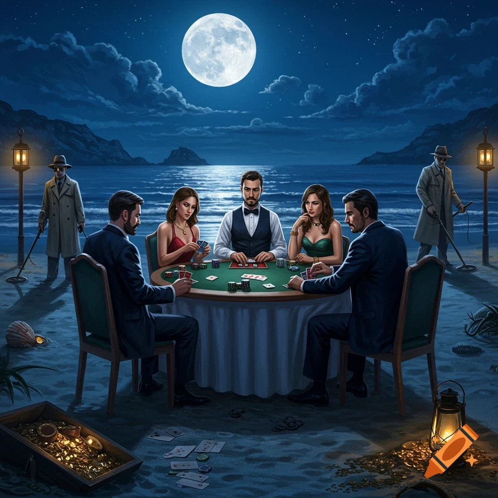 Four elegantly dressed people play poker at a table on a moonlit beach, with two detectives searching for treasure nearby.