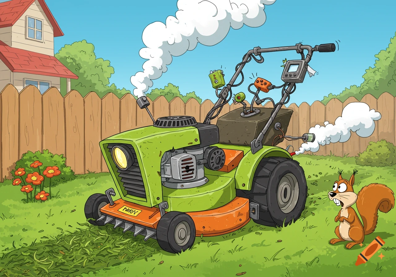 A cartoon illustration of a smoking, heavily modified green lawnmower in a yard, with a surprised squirrel watching nearby. A house is in the background.