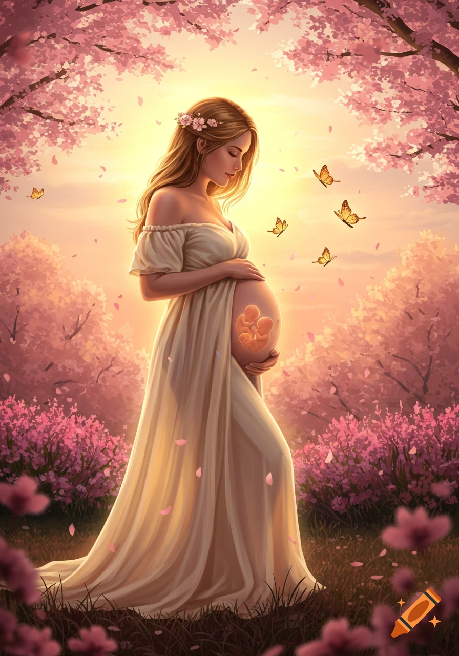 Pregnant woman in a flowing dress holds her belly with three babies inside, surrounded by pink cherry blossoms and butterflies at sunset.