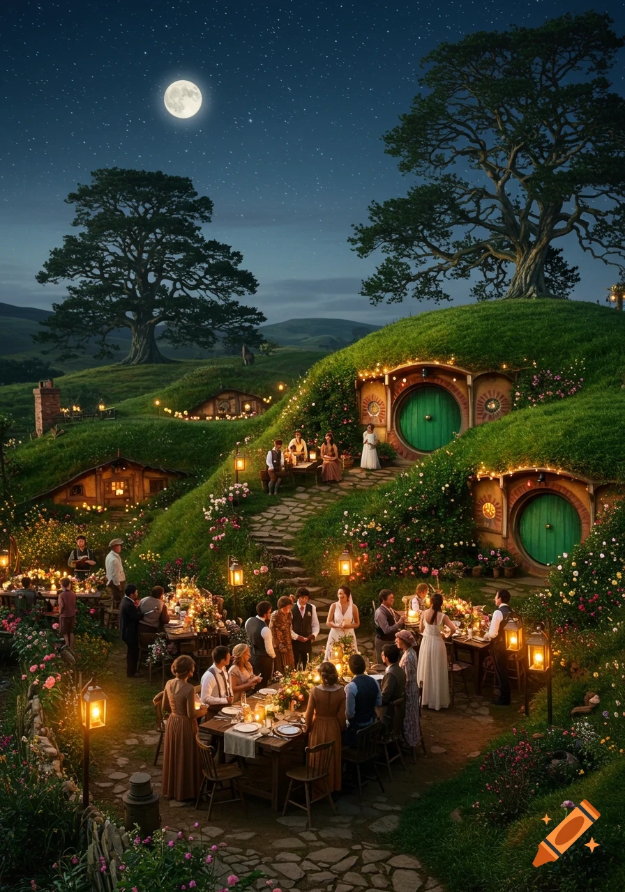 A large wedding reception with many guests seated at tables and mingling outdoors at night in Hobbiton, under a full moon and starry sky, with illuminated hobbit holes and string lights.