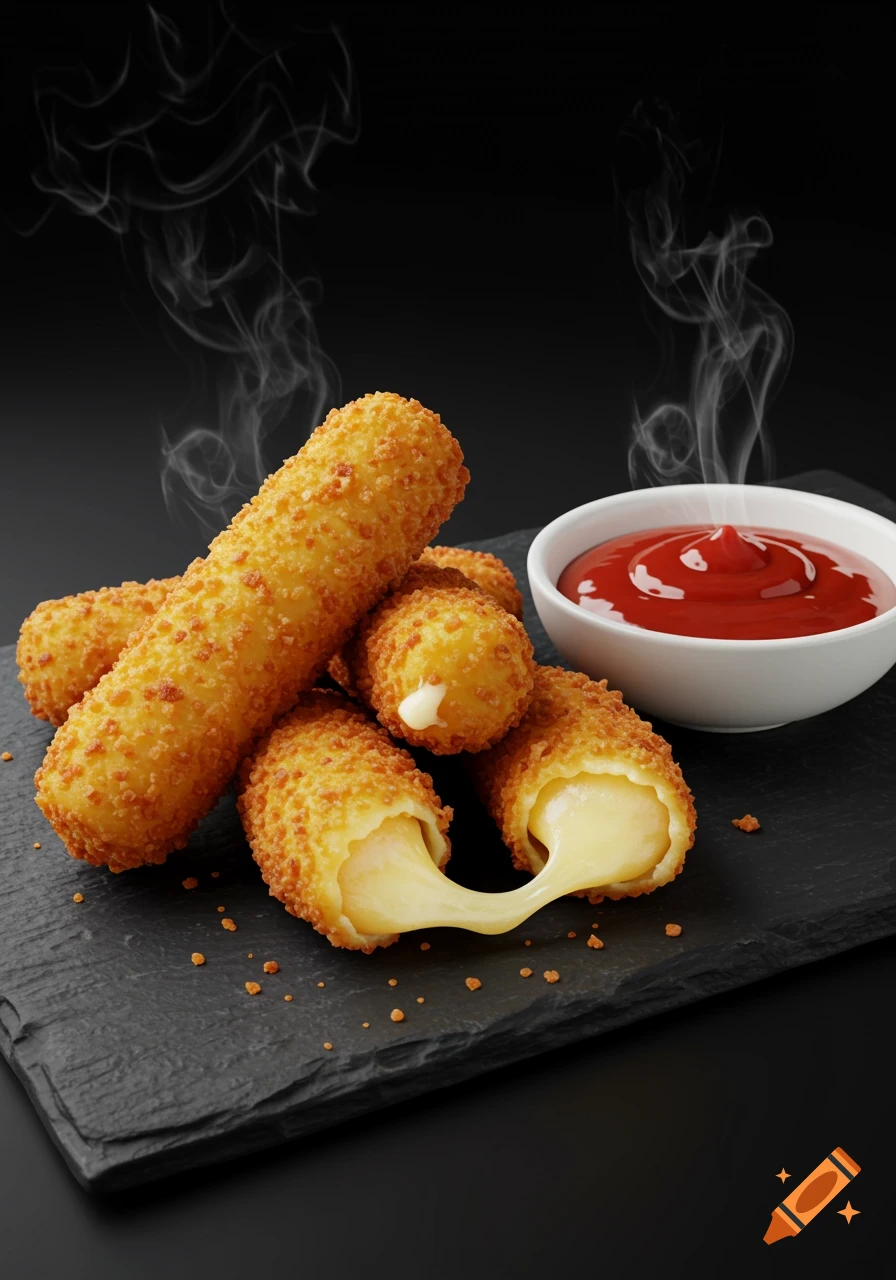 Photorealistic close-up of golden-brown mozzarella sticks with melted cheese stretching out, served with a side of red ketchup on a dark slate board.