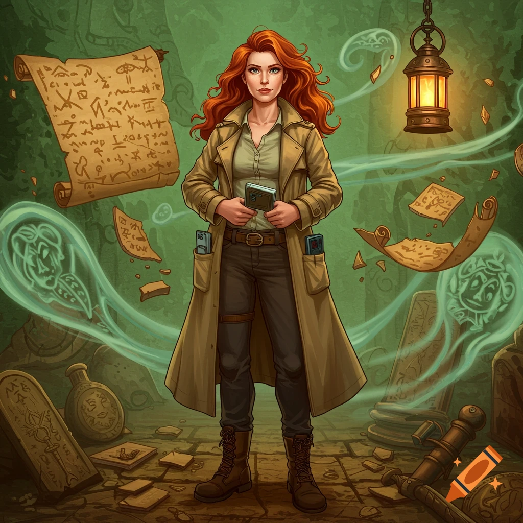An illustration of a red-haired woman in a trench coat holding a device, standing amidst ancient scrolls and artifacts in a mysterious, green-toned chamber.