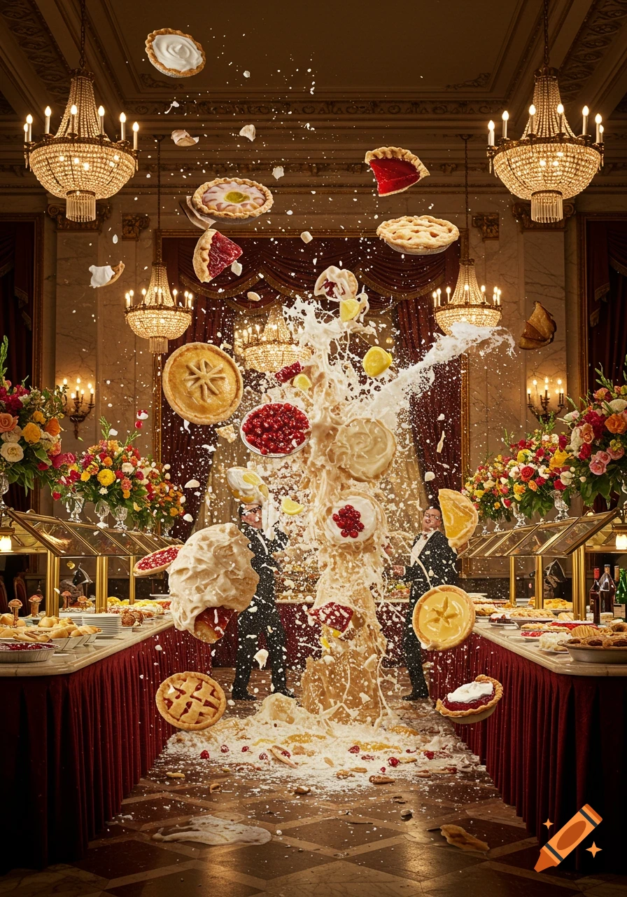 Photorealistic image of pies, whipped cream, and other food items exploding dramatically in a grand banquet hall buffet, with splashes of liquid.