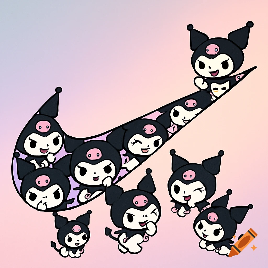 A stylized Nike swoosh logo filled with multiple adorable black and pink Kuromi characters, set against a soft gradient background.