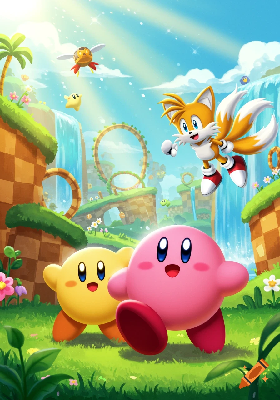 Kirby, a yellow Kirby-like character, and Tails run and fly through a vibrant green landscape with waterfalls and large gold rings.