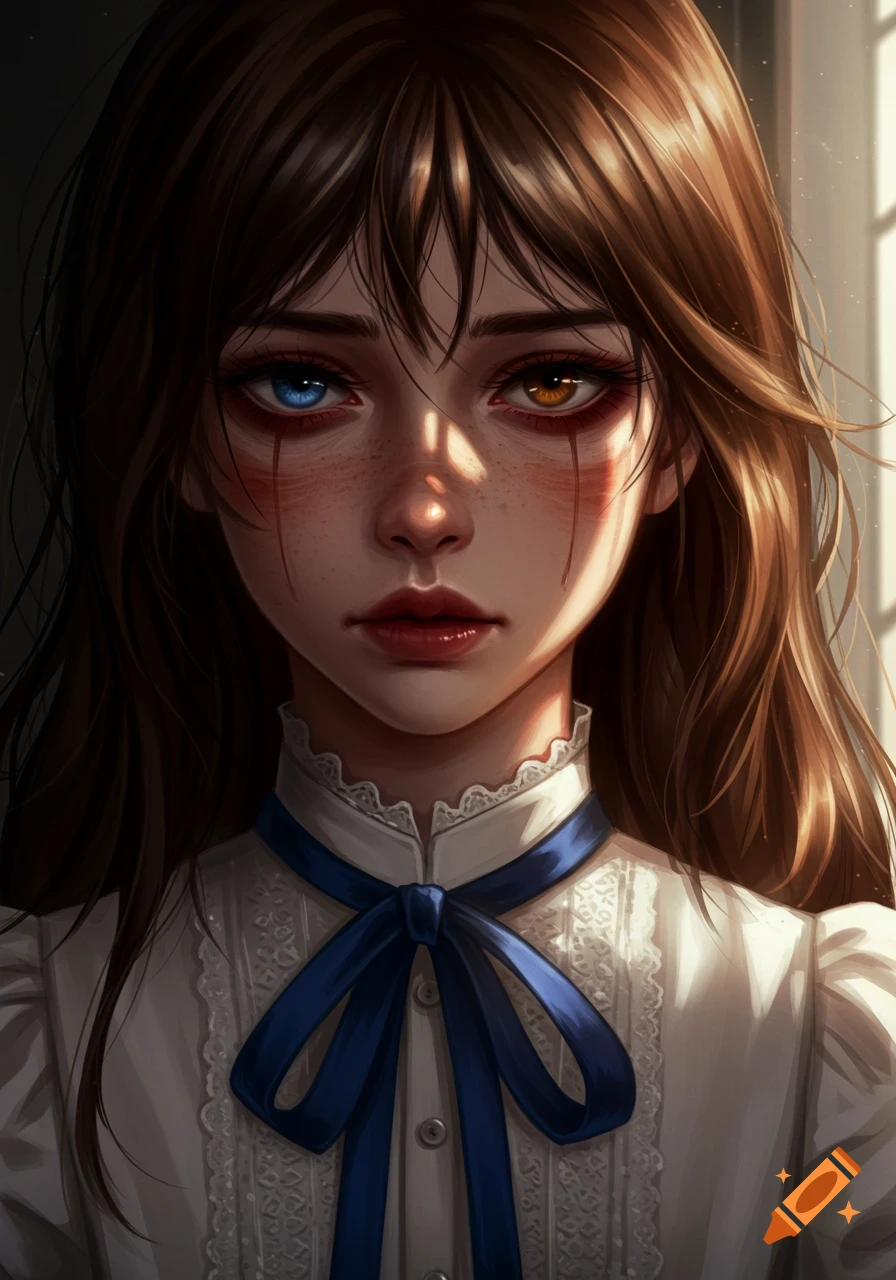 Anime portrait of a melancholic young woman with brown hair, heterochromia, and red streaks under her eyes.