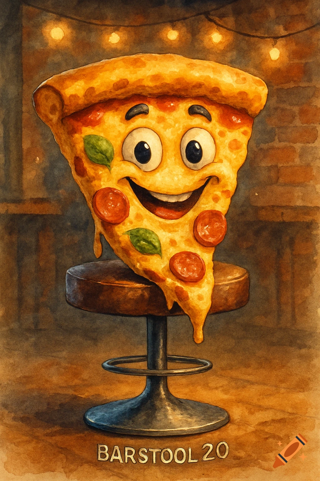 Watercolor illustration of a happy pizza slice character sitting on a barstool, with 'BARSTOOL 20' written below.