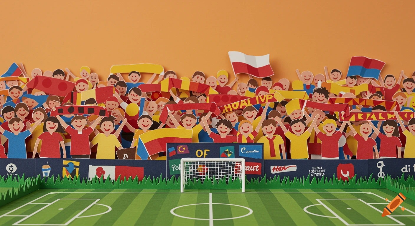 A colorful paper craft scene of a celebrating soccer crowd in a stadium with a football pitch and advertising boards.