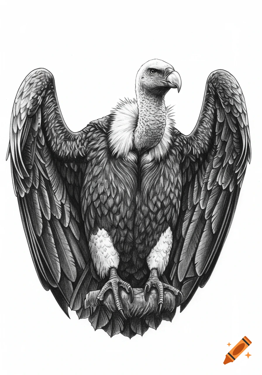 A detailed black and white sketch of a vulture with its wings spread.