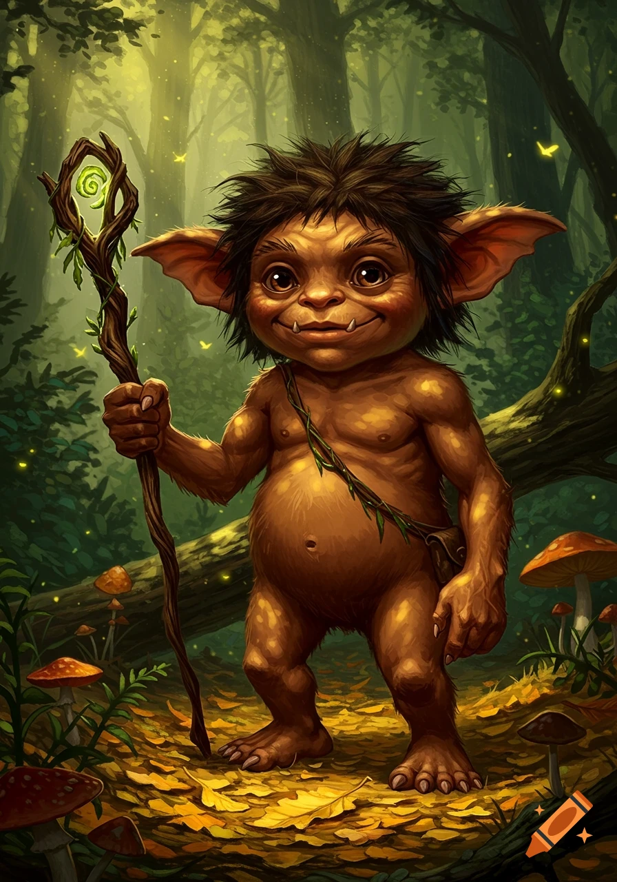 A cute, brown, hairy gremlin-like creature with large ears stands in a magical forest, holding a glowing staff. Fantasy illustration.