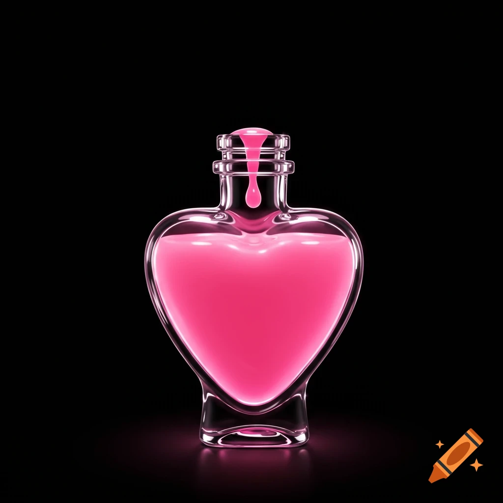 A heart-shaped glass bottle filled with glowing pink liquid, with a drop spilling from the top, against a black background.