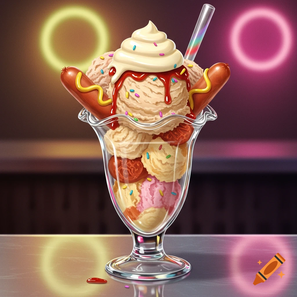 A cartoon-style ice cream sundae with scoops of different flavored ice cream, topped with whipped cream, sprinkles, cherry syrup, and two hotdogs with mustard, in a glass dish.