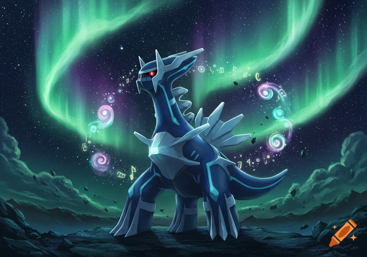 A metallic blue and white dragon-like Pokémon, Dialga, stands under a vibrant green and purple aurora in a cosmic night sky.