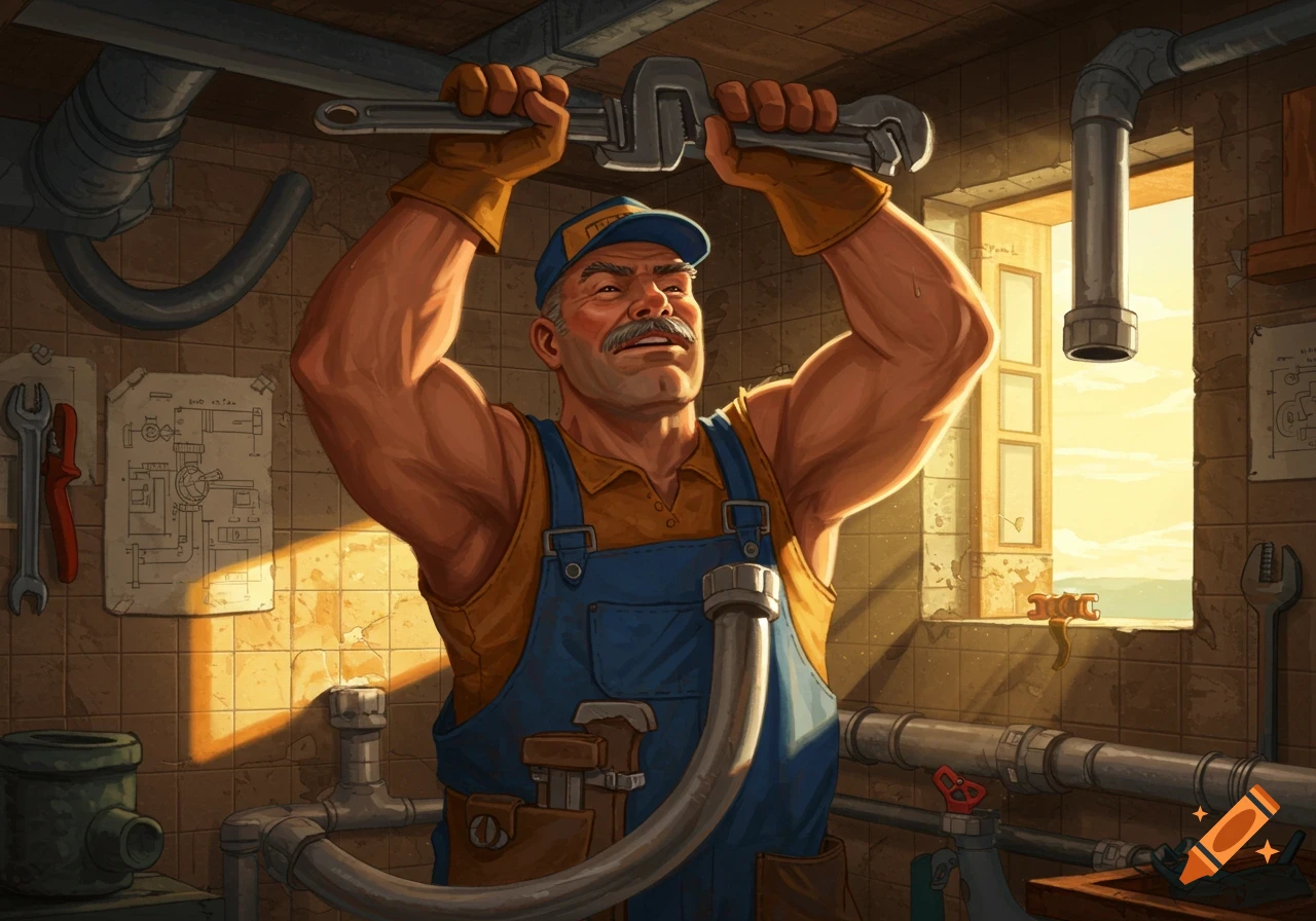 A muscular plumber in overalls and a cap, working on pipes in a sunlit room with tools and blueprints on the wall.