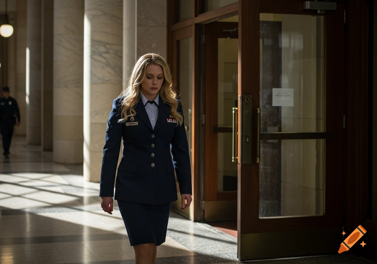 A blonde woman in a US Air Force uniform with medals walks down a long hallway with columns, looking downcast.