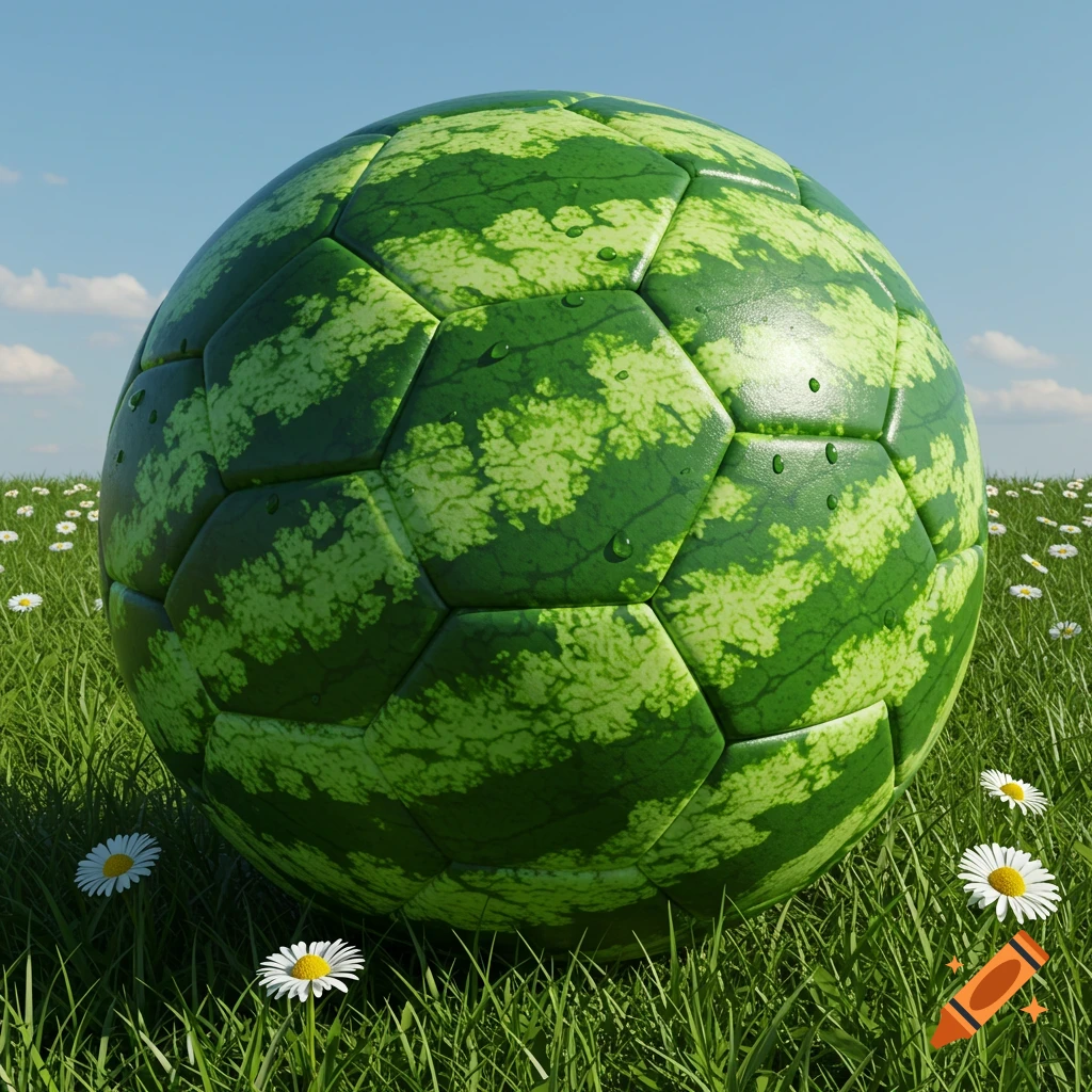 A photorealistic soccer ball with a watermelon pattern sits in green grass with white daisies under a blue sky.